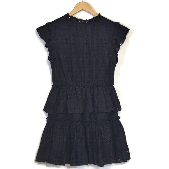 SHOL Los Angeles Eyelet Ruffle Dress Tiered Black Mini Dress Boho Party Size 14 - Picture 10 of 16